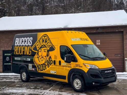Buccos Roofing branded service truck parked at a Pittsburgh-area residential home