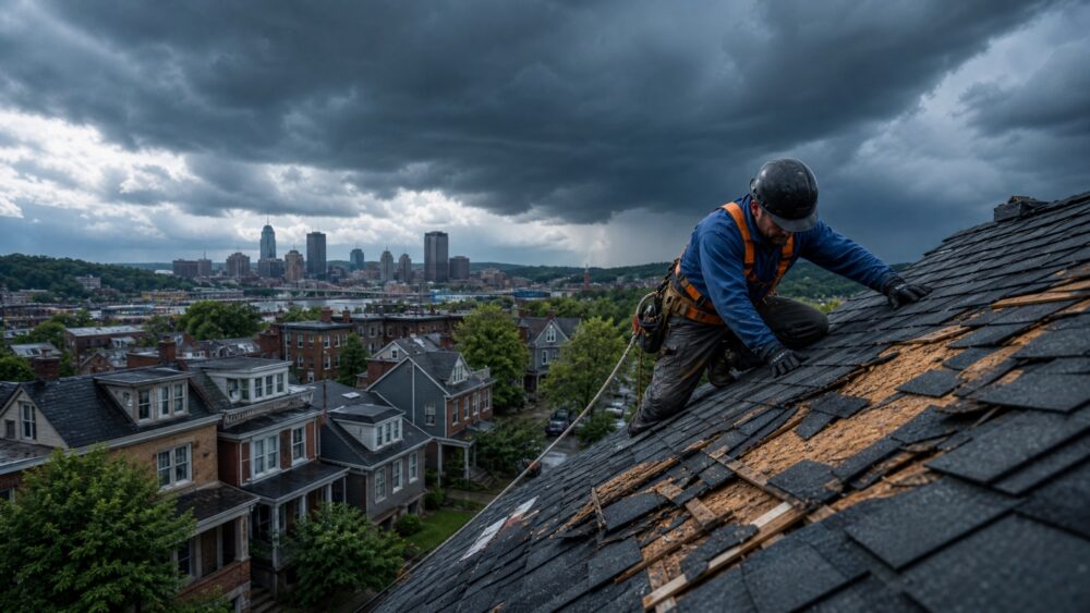 Storm-damaged roof on a Pittsburgh home needing repair after severe weather